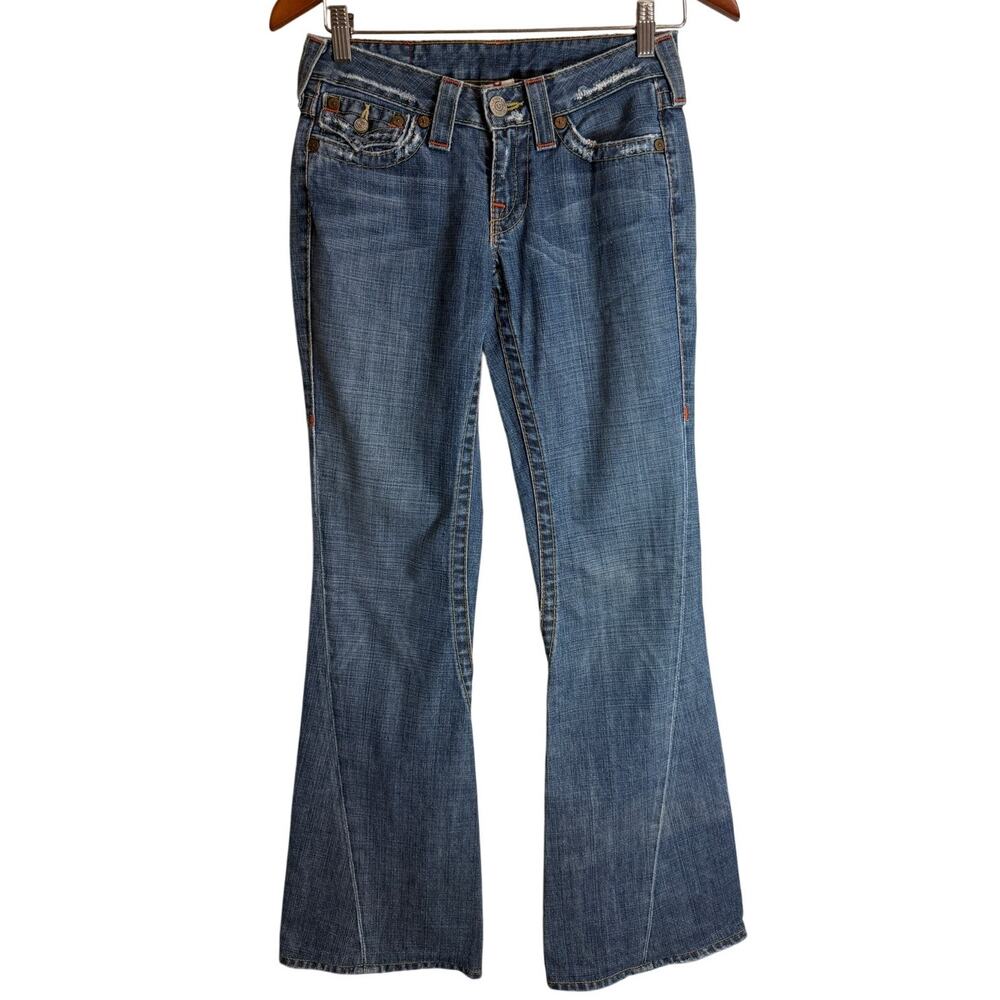 True Religion Joey Flare Jeans Womens 26 Blue Made in USA Low Rise Flap Pocket